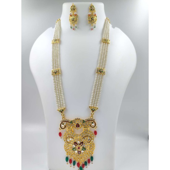 Maharani Haar with earrings kundan and pearl design, big star motive (MH-120-007)