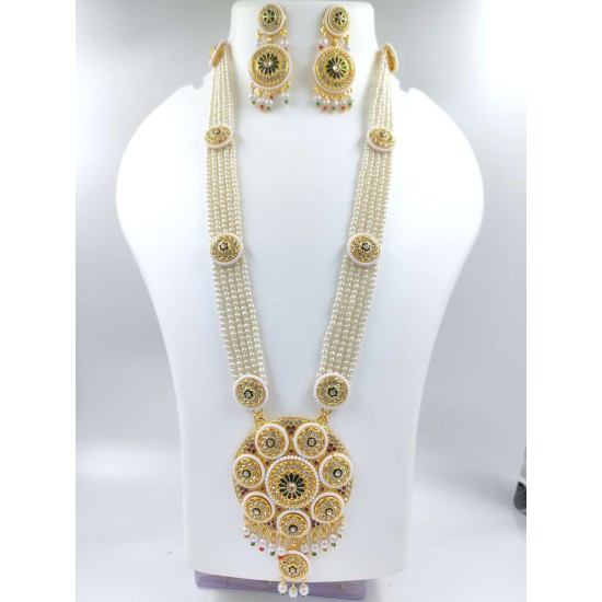 Maharani Haar with earrings kundan and pearl design 8 circles pendant with chakri motive (MH-170-002)