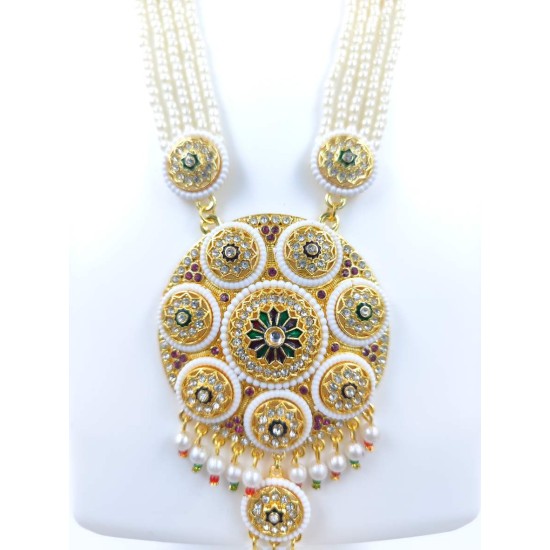 Maharani Haar with earrings kundan and pearl design 8 circles pendant with chakri motive (MH-170-002)