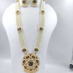 Maharani Haar with earrings kundan and pearl design, 8 circles design with double peacock motif(MH-170-003)