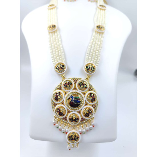 Maharani Haar with earrings kundan and pearl design, 8 circles design with double peacock motif(MH-170-003)