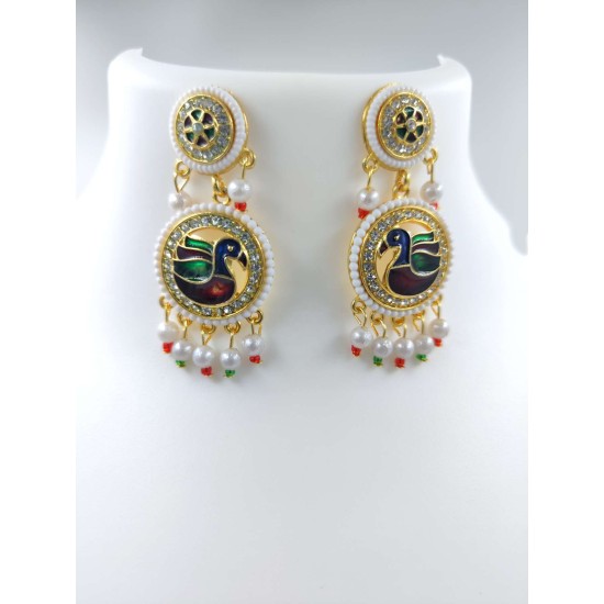 Maharani Haar with earrings kundan and pearl design, 8 circles design with double peacock motif(MH-170-003)