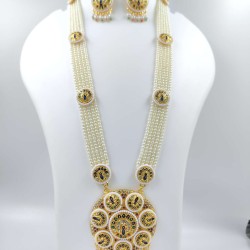 Maharani Haar with earrings kundan and pearl design 8 circles design with peacock motif (MH-170-004)