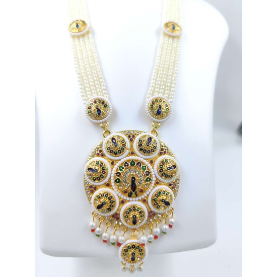 Maharani Haar with earrings kundan and pearl design 8 circles design with peacock motif (MH-170-004)