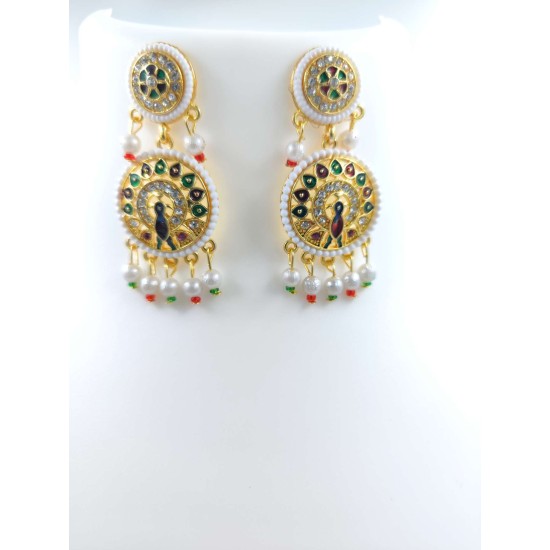 Maharani Haar with earrings kundan and pearl design 8 circles design with peacock motif (MH-170-004)