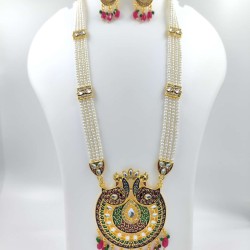 Maharani Haar with earrings kundan and mina design with mina peacock  motive (MH-135-001))