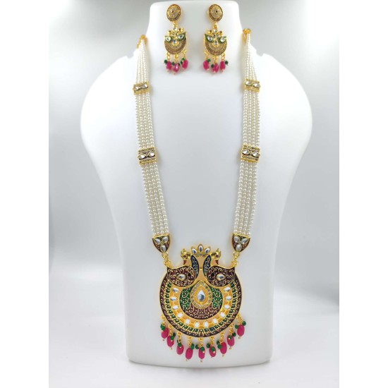 Maharani Haar with earrings kundan and mina design with mina peacock  motive (MH-135-001))