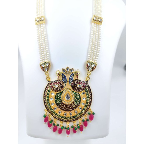 Maharani Haar with earrings kundan and mina design with mina peacock  motive (MH-135-001))