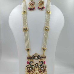 Maharani Haar with earrings kundan and mina design with mina double peacock  motive (MH-135-002)