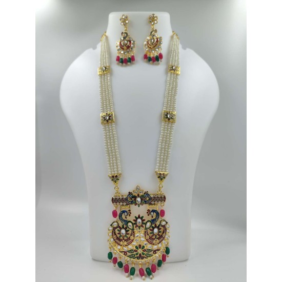 Maharani Haar with earrings kundan and mina design with mina double peacock  motive (MH-135-002)