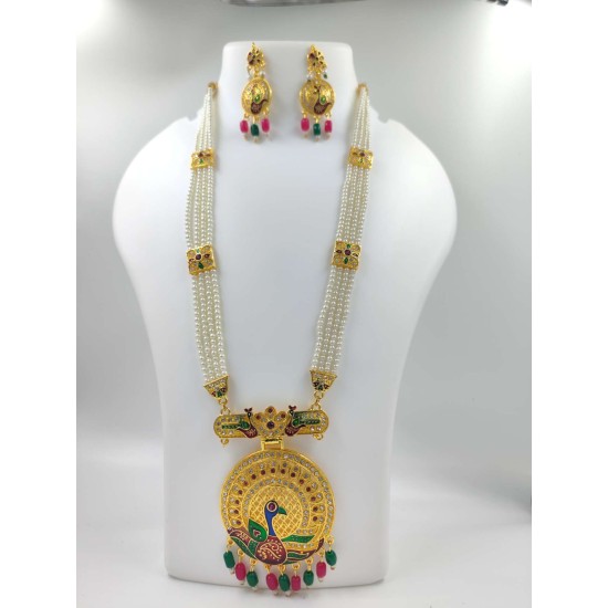 Maharani Haar with earrings kundan and mina design with mina singal peacock  motive (MH-135-003)