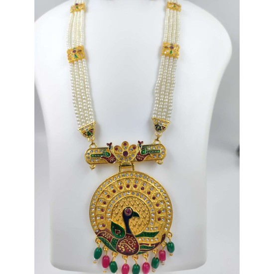 Maharani Haar with earrings kundan and mina design with mina singal peacock  motive (MH-135-003)
