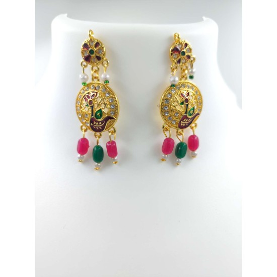 Maharani Haar with earrings kundan and mina design with mina singal peacock  motive (MH-135-003)