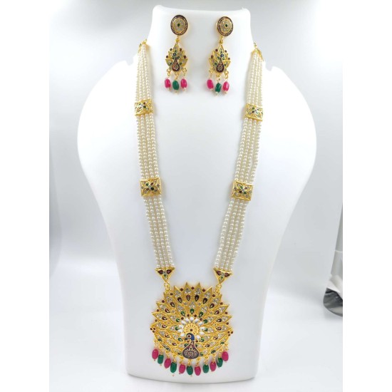 Maharani Haar with earrings kundan and mina design with mina peacock feathers motif (MH-135-004)
