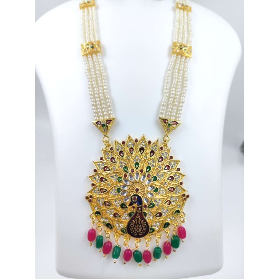 Maharani Haar with earrings kundan and mina design with mina peacock feathers motif (MH-135-004)