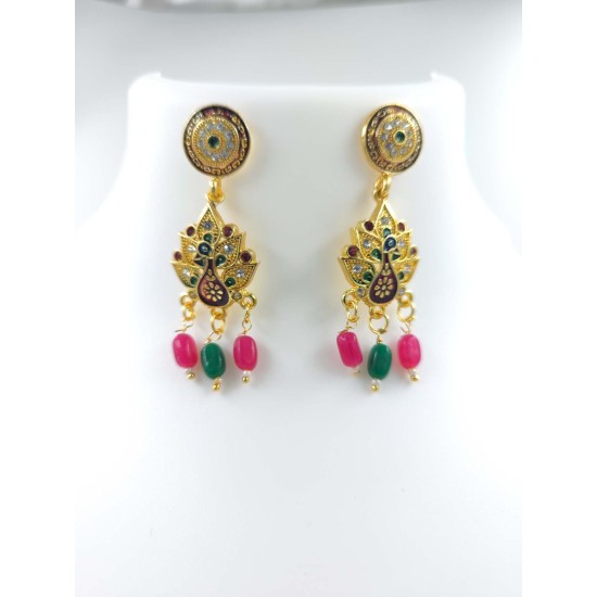 Maharani Haar with earrings kundan and mina design with mina peacock feathers motif (MH-135-004)