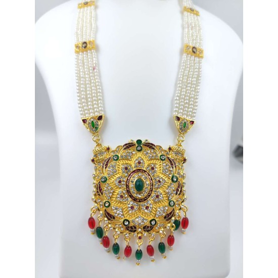 Maharani Haar with earrings kundan and mina design with big crystal stone  motive (MH-135-005)