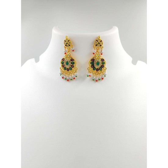 Maharani Haar with earrings kundan and mina design with big crystal stone  motive (MH-135-005)