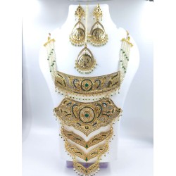 Necklace 5 layers design with earrings and mang tikka star motif green colour NE-300-001