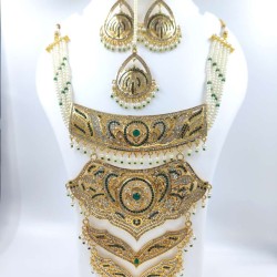 Necklace 5 layers design with earrings and mang tikka star motif green colour NE-300-001