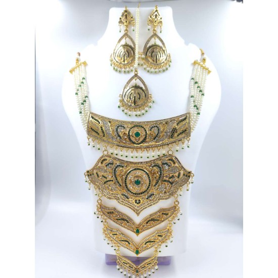 Necklace 5 layers design with earrings and mang tikka star motif green colour NE-300-001