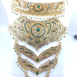 Necklace 5 layers design with earrings and mang tikka star motif green colour NE-300-001