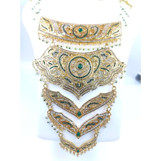 Necklace 5 layers design with earrings and mang tikka star motif green colour NE-300-001