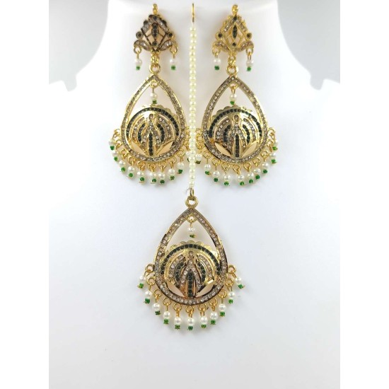 Necklace 5 layers design with earrings and mang tikka star motif green colour NE-300-001