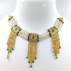 Gold plated Chik set 10 line moti with 3 pandent diamond shap design green colour CK-000-001