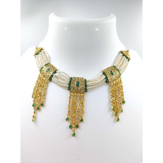 Gold plated Chik set 10 line moti with 3 pandent diamond shap design green colour CK-000-001