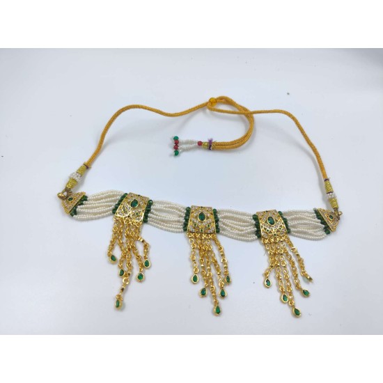 Gold plated Chik set 10 line moti with 3 pandent diamond shap design green colour CK-000-001