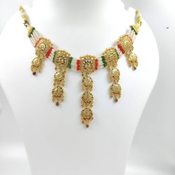 Micro gold plated necklace chik set 10 line moti and multi colour peacock motif NE-350-002
