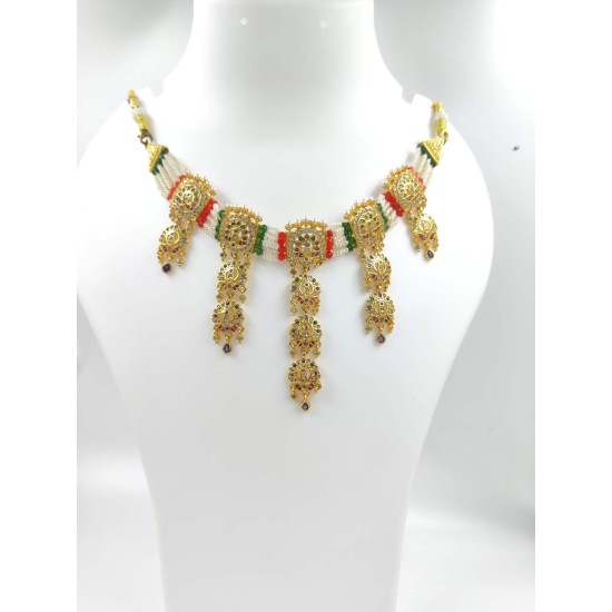 Micro gold plated necklace chik set 10 line moti and multi colour peacock motif NE-350-002