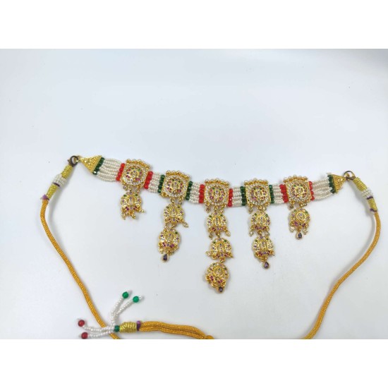 Micro gold plated necklace chik set 10 line moti and multi colour peacock motif NE-350-002
