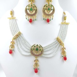Micro Gold plated chik set with earrings half circle design pink and green colour CK-350-003