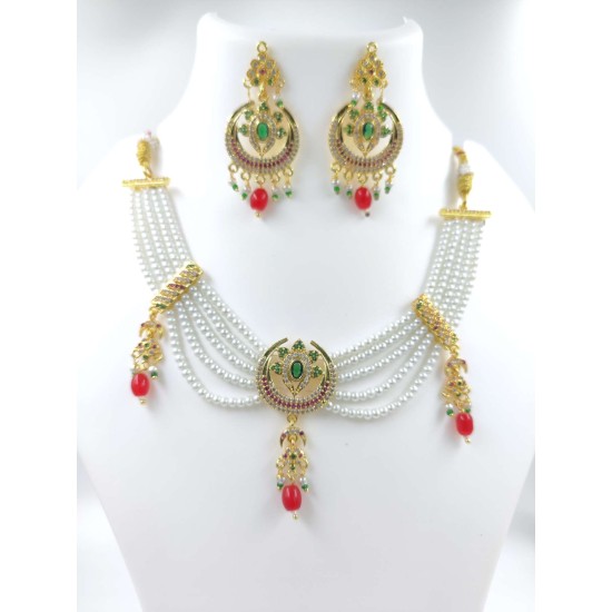 Micro Gold plated chik set with earrings half circle design pink and green colour CK-350-003
