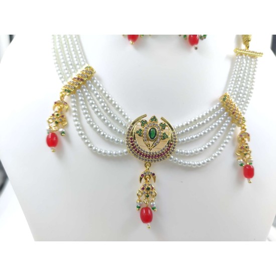 Micro Gold plated chik set with earrings half circle design pink and green colour CK-350-003