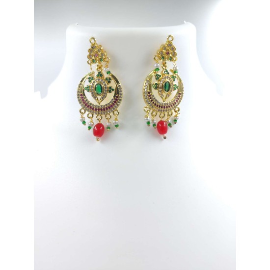 Micro Gold plated chik set with earrings half circle design pink and green colour CK-350-003