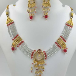 Micro gold plated necklace with earrings red colour NE-350-004
