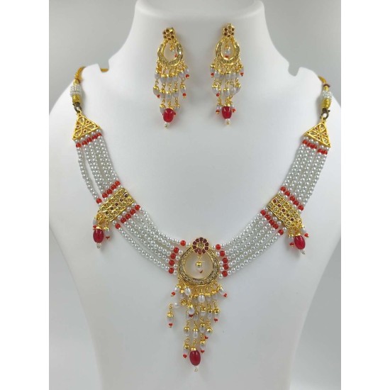 Micro gold plated necklace with earrings red colour NE-350-004