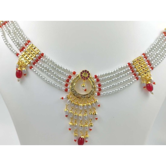 Micro gold plated necklace with earrings red colour NE-350-004