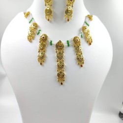 Micro gold plated 5 pandent 3 line chik set necklace with earrings green colour 