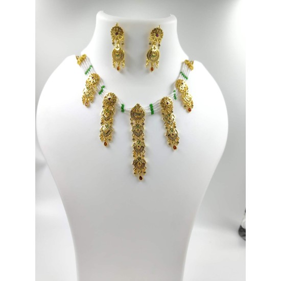 Micro gold plated 5 pandent 3 line chik set necklace with earrings green colour 