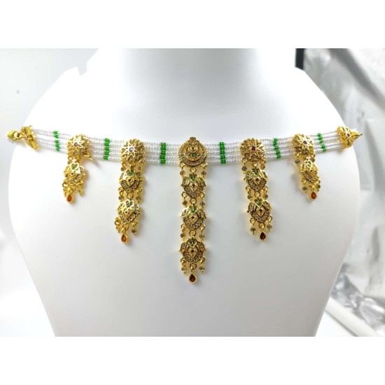 Micro gold plated 5 pandent 3 line chik set necklace with earrings green colour 
