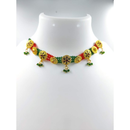 3 line crystal chokers 9 meena pandent  in multi  colour