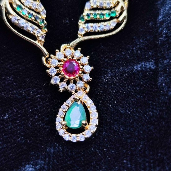 AD Necklace with earrings water waves design in pink green colour NE-002