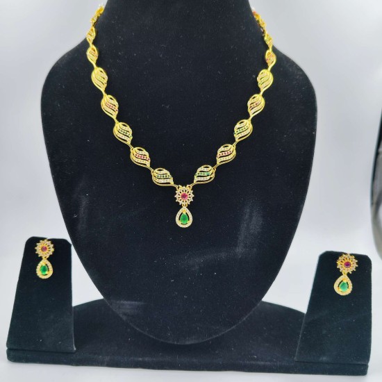 AD Necklace with earrings water waves design in pink green colour NE-002