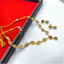 AD Necklace with earrings water waves design in pink green colour NE-002