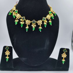 AD Necklace with earrings square flower design in green colour NE-003