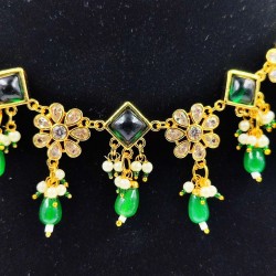 AD Necklace with earrings square flower design in green colour NE-003